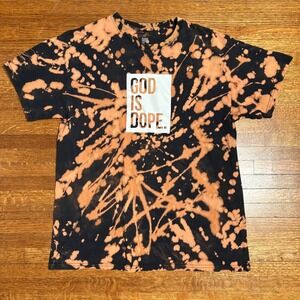 GOD IS DOPE Tie Dye Bleach Black Orange T‎ Shirt Graphic Tee Cotton Mens L